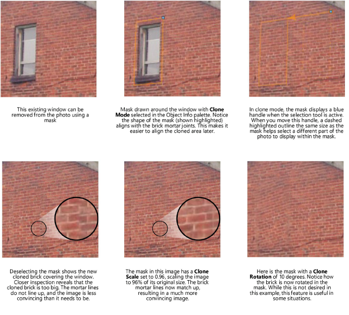 Example of cloning, scaling, and rotation with the Camera Match mask object